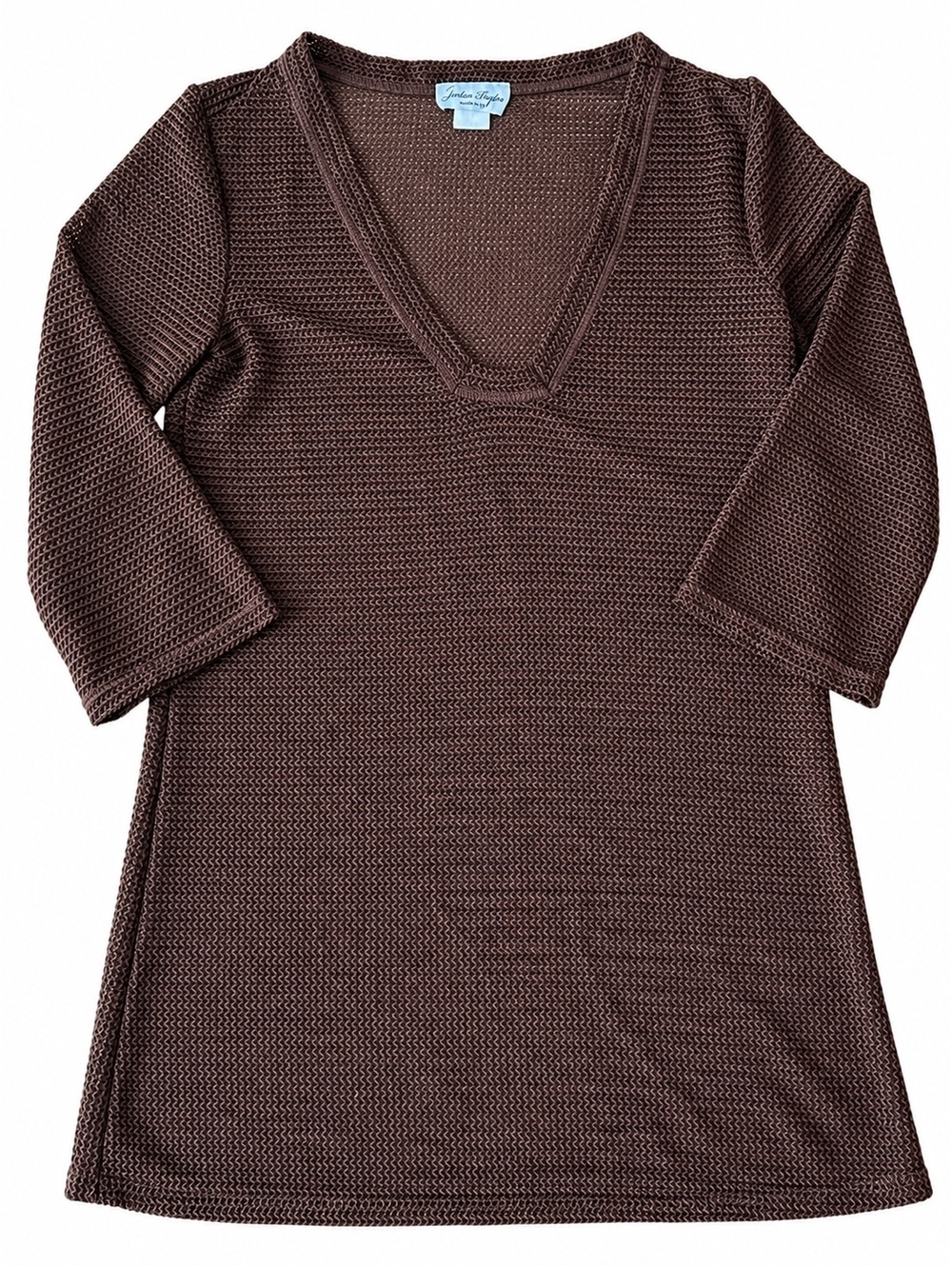 Jordan Taylor Brown Textured Knit V-Neck 3/4 Sleeve Tunic Top Made in USA M